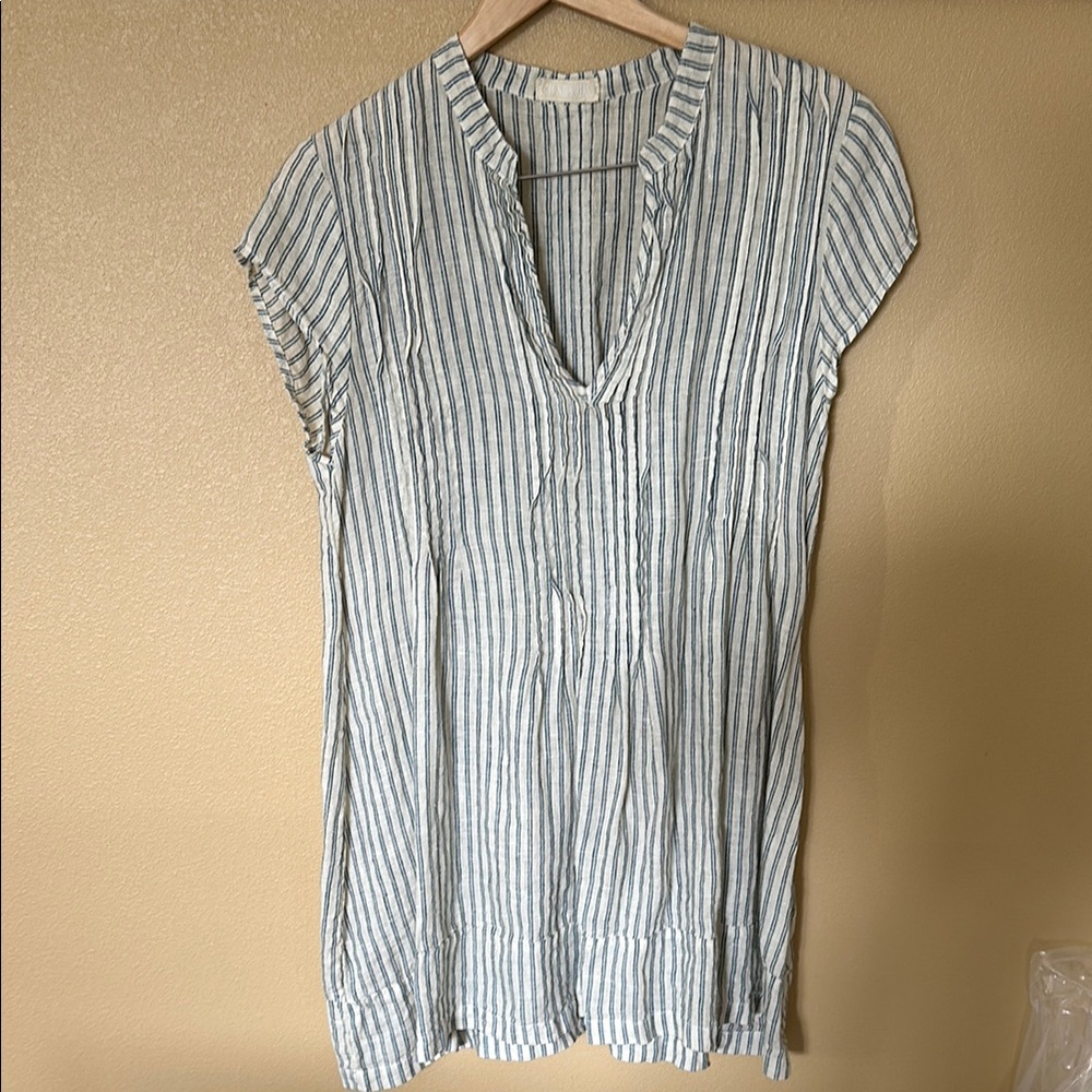 CP Shades Blue and Natural Pleated Tunic with Cap Sleeves